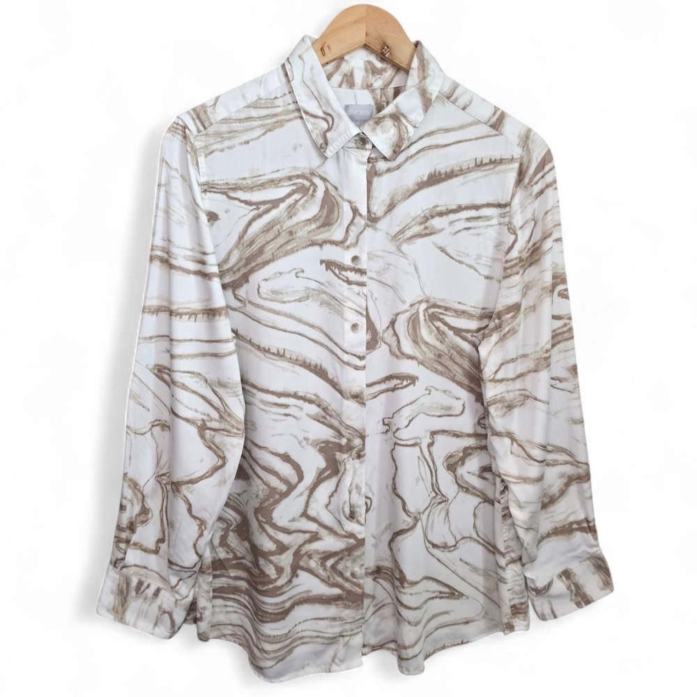 Chicos Top Womens 2 US Large Beige White Button Up Long Sleeve Modal Casual‎
